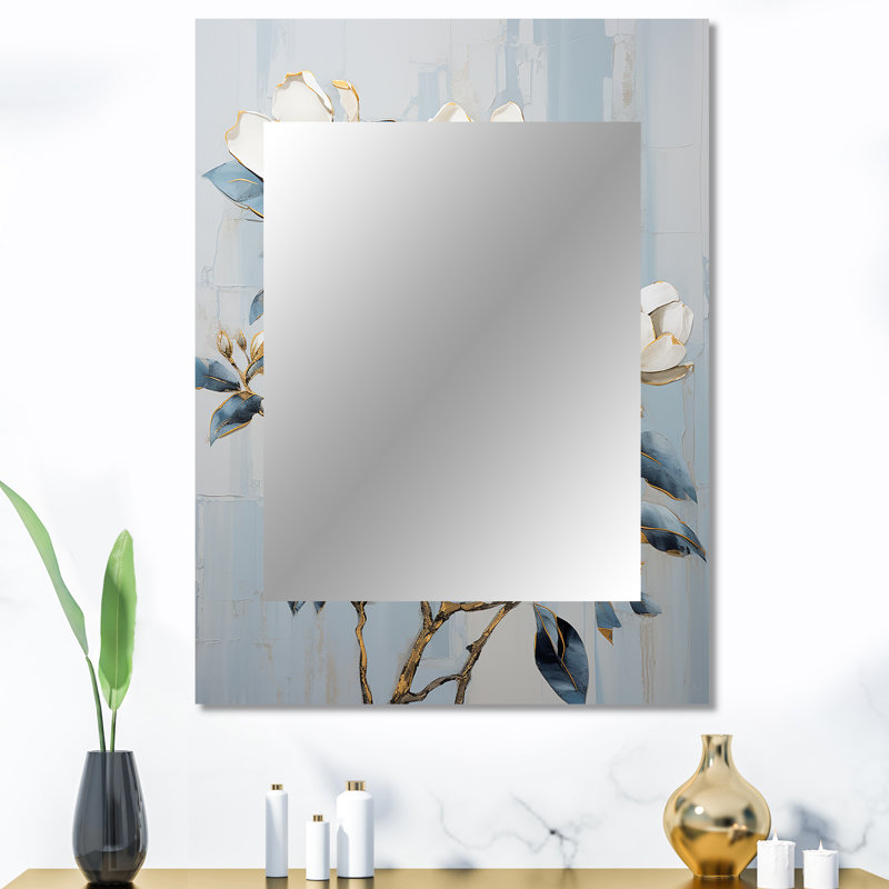 Minimalism White And Blue Magnolias Florescence I - WHITE Traditional Wall Mirror, 40" x 30"