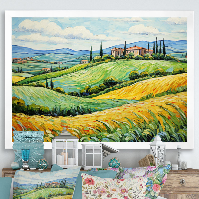 Vangogh Rolling Hills III - Vangogh, reproduction d'art sur toile, Cadre blanc, H 34 po x l 44 po x P 1,5 po