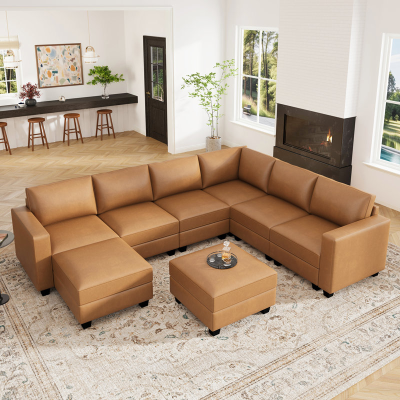 Abramson U-shaped Faux Leather Sectional Sofa with Storage Ottoman
