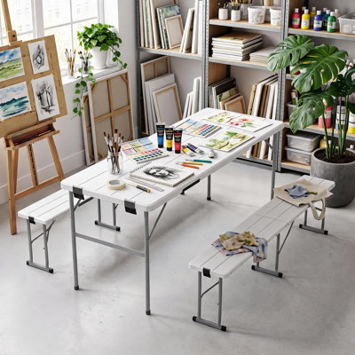 Ensemble de table de pique-nique avec 2 bancs, ensemble de chaises de camping de 6 pieds, 3 pièces de mobilier pliant pour une utilisation intérieure ou extérieure, plateau de table lisse, blanc