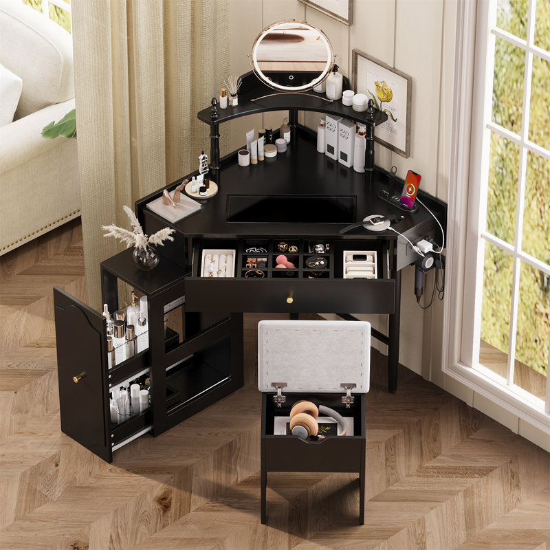 Ensemble de bureau de coiffeuse d'angle avec tabouret de rangement rembourré et station de charge, Noir