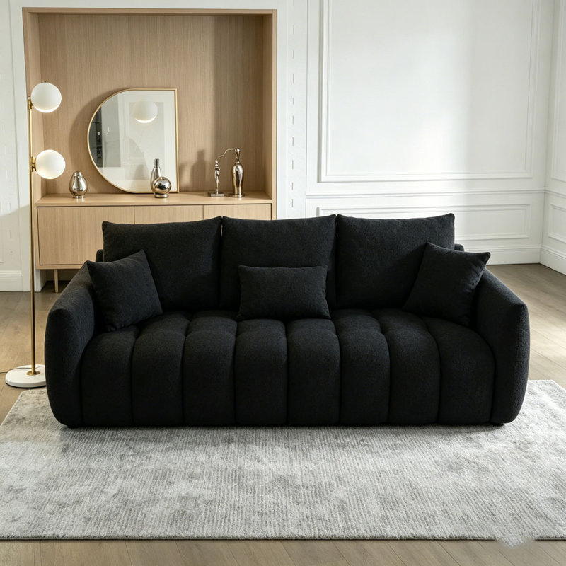 Canapé 3 places 79,5 po en tissu Teddy Premium avec 3 coussins de dossier et 3 coussins de dossier, Noir