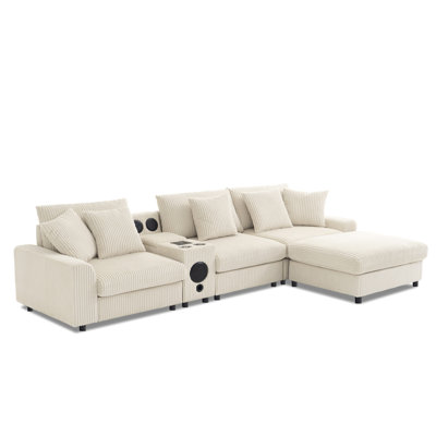 114*64'' Corduroy Sectional Sofa With Bluetooth Speakers,L Shaped Couch With Console,USB Charger,Cup Holders,Storage,Ottoman,Deep And Wide Seat Cloud Sofa For Living Room,Apartment,2 Colors