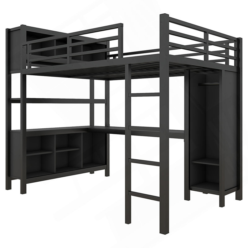 Metal Loft Bed with Wardrobe And L-shaped Desk, Loft Bed with Storage Cubes and Shelves, Heavy Duty Loft Bed for Kids Teens Adults