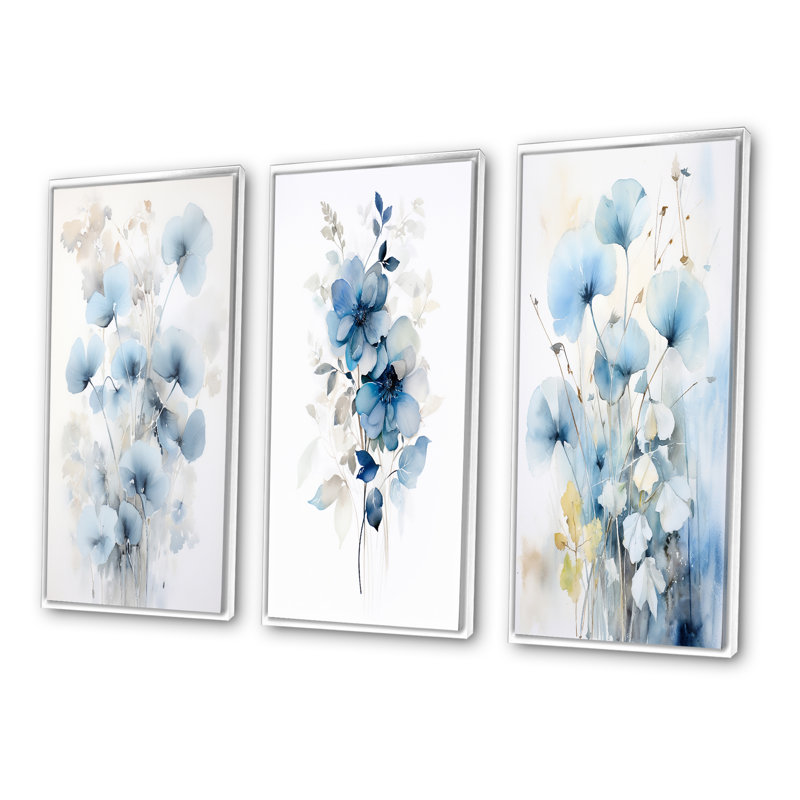 «Tender Ginko Leaves In Blue Shades», 3 pièces, Cadre flottant blanc, H 20 po x l 36 po