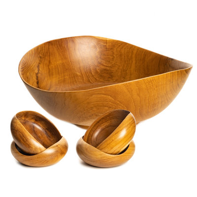 Wide Hachi Serving Teak Wood Bowl with Kobachi Bowl Set