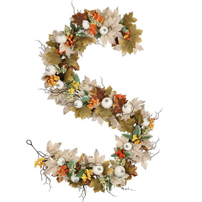 Artificial Fall Maple Leaf Garland, 70.8 Inch Autumn Hanging Vine with White Mini Pumpkins and Multicolor Berries, Harvest Decor Greenery for Mantel, Arch, Wall, Stair Railings, Thanksgiving Home Decor