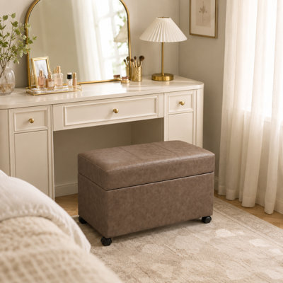 32" Faux Leather Storage Ottoman With Wheels & Safety Hinge For Living Room