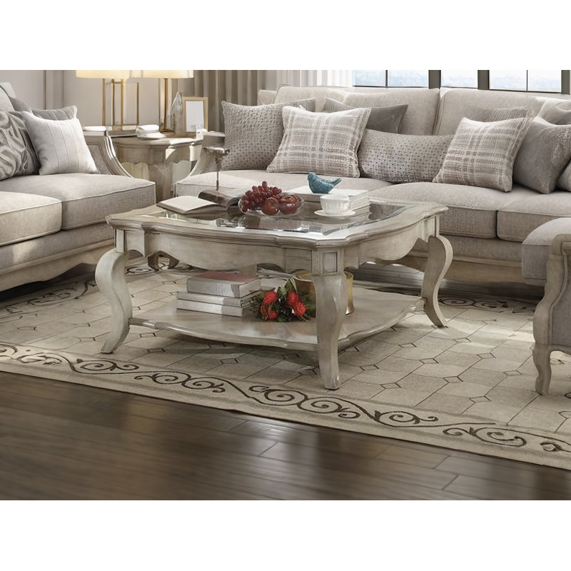 Nenuphar Coffee Table with Scrolled Bottom Shelf,Solid Wood