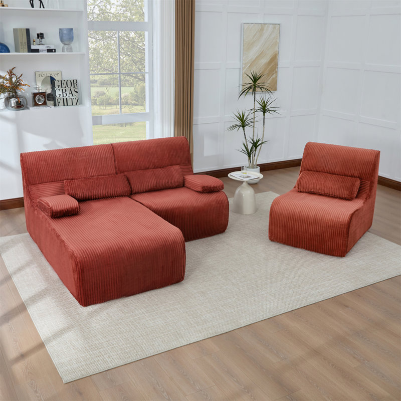 Canapé modulaire moderne de 98 po sans canapé en forme de L Canapé, Velours côtelé rouge