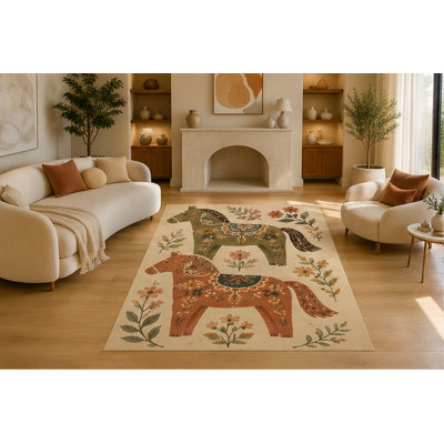 "Ultra Lightweight" 5'x7' Folk Horse Area Rug for Living Room, Soft Low Pile Indoor Rug with Non-Slip Silicone Backing, Decorative Carpet for Bedroom, Office, Nursery & Farmhouse Decor, Beige