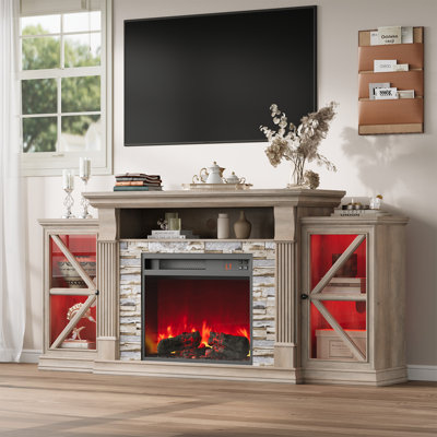 70"W Farmhouse Fireplace TV Stand for TVs up to 70" with Ample Storage Space and Adjustable Shelves, Gray