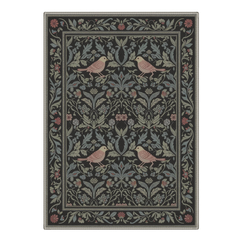 Allendale Auraflora Floral Machine Washable Green / Black Indoor Area Rug with Non-Slip Backing, Rectangle 5' x 7'