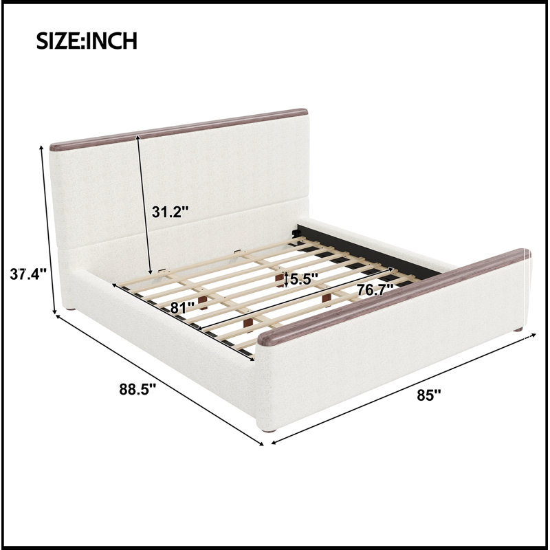 Très grand lit plateforme tapissier Geib avec décoration en bois, Blanc