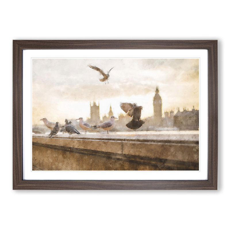 Pigeons by the Houses of Parliament - Framed Print, 48cm H x 65cm W x 2cm D, Walnut Framed