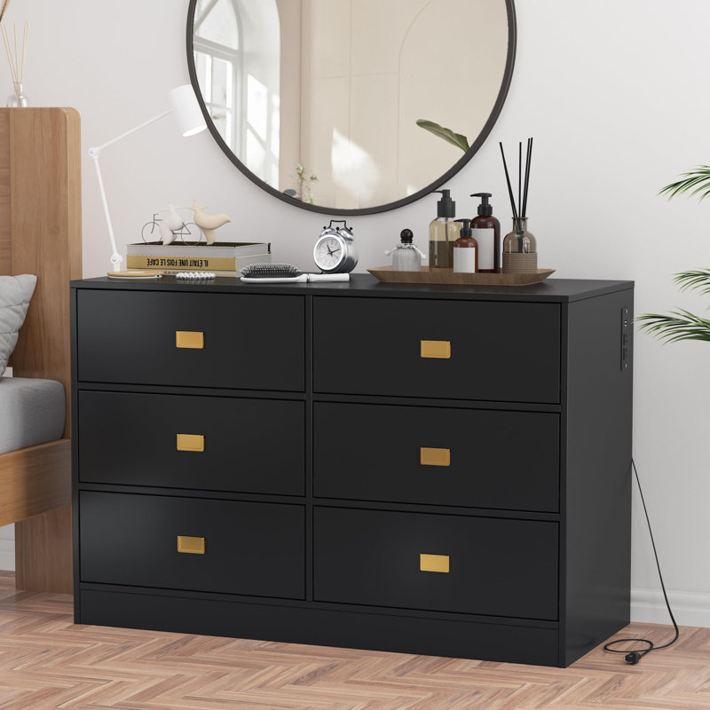 Commode pour table à langer 6 tiroirs avec prises de courant, coussin et plateau amovible, Noir
