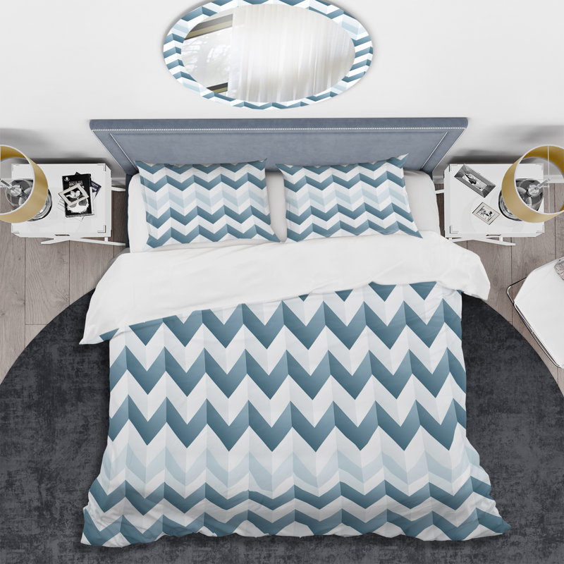 Ensemble de housse de couette contemporain à chevrons blancs et gris I, Housse de couette pour grand lit et 2 taies décor