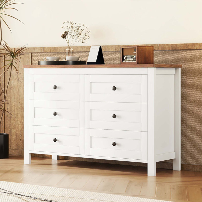 Commode en bois de style campagnard rétro avec 6 tiroirs, Blanc
