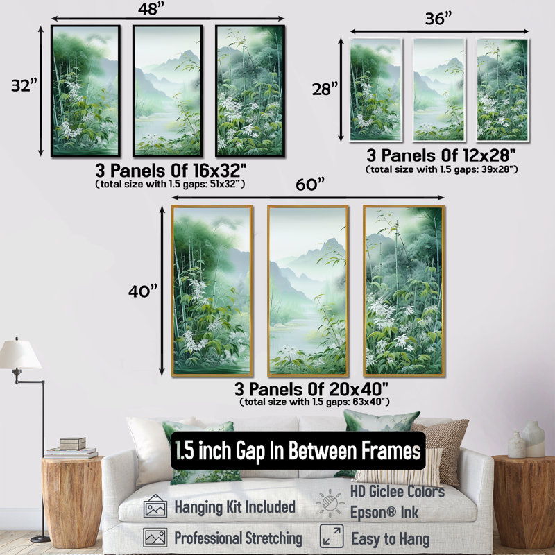 Ensemble d'art sur toile, Japon, bambou par la montagne IV, Cadre flottant blanc, H 32 po x l 48 po x P 1 po