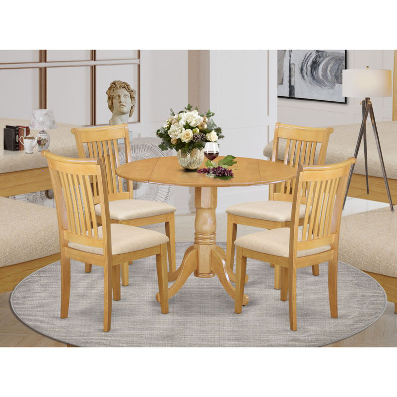 5 Piece Dinette Set for 4 Includes a Round Dining Room Table with Dropleaf and 4 Linen Fabric Dining Chairs, Oak