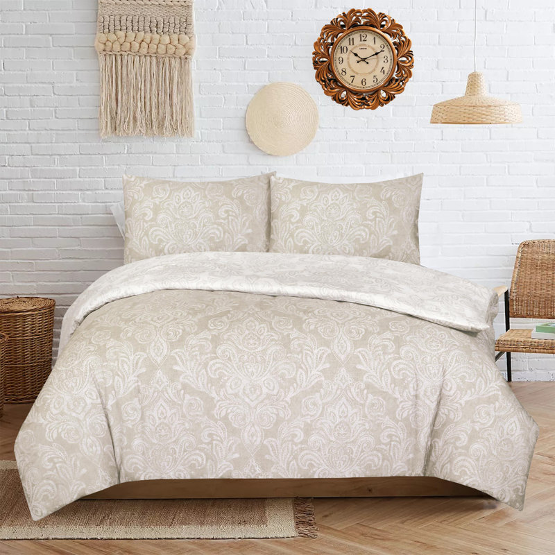 Moaied Cotton Blend Damask Duvet Cover Set with Pillowcases, Cream/Beige, Double - 2 Standard Pillowcases