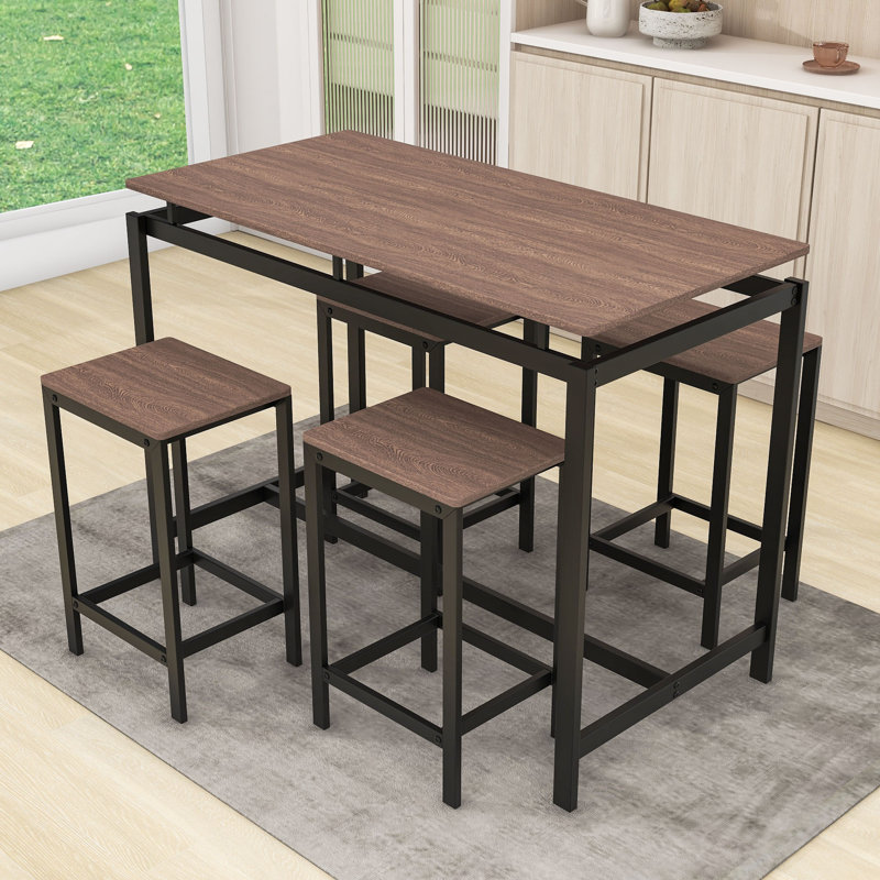 Galey Modern 5-Piece Dining Set, Dining Table with Steel Base and Nesting Stools, Dark Brown