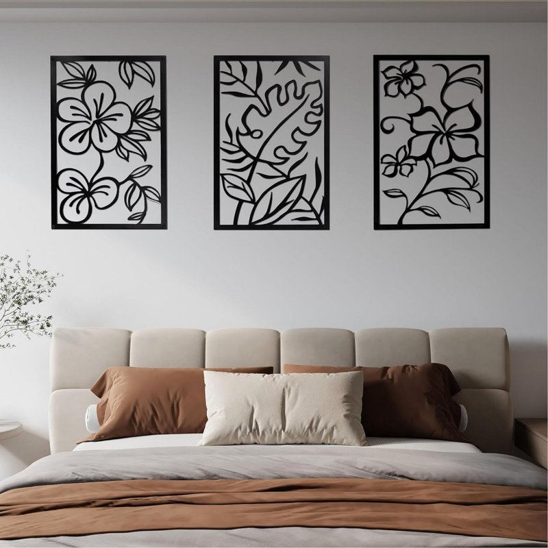 3 Piece Set Wall Decor, Floral Hollow Out Abstract Design, Black Rectangular Metal Frame