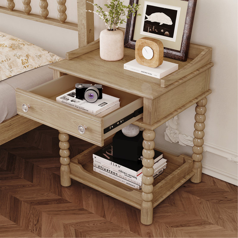 Table de chevet de style rétro avec tiroir et tablette ouverte pour chambre à coucher, table de chevet avec pieds tournés et poignée en métal