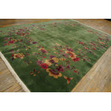Green Color Solid Open Field Antique Floral Art Deco Chinese Room Size Wool Rug