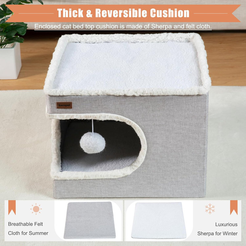 Gray Plush Covered Cat Cube House with Hanging Ball