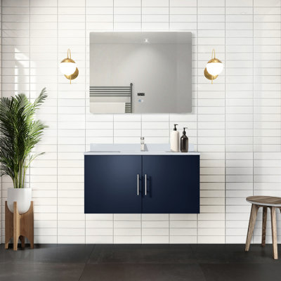 Meuble-lavabo bleu marine 36 po x 22 po, comptoir en marbre et miroir à DEL à fermeture en douceur, résistance aux rayures et unité de rangement spacieuse de 36 po Salle de bain avec espace