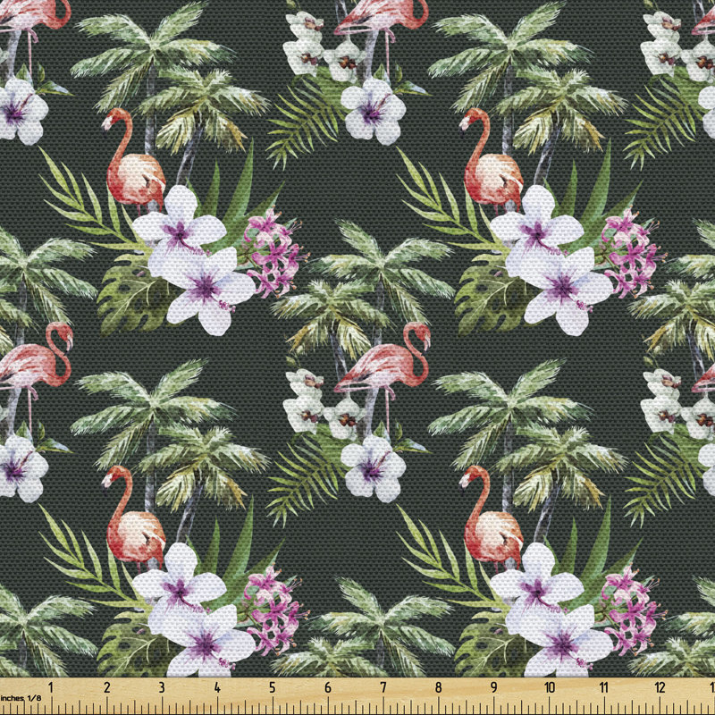 Patrece Bouquet with Exotic Flowers Leaves Palms and Flamingos Fabric