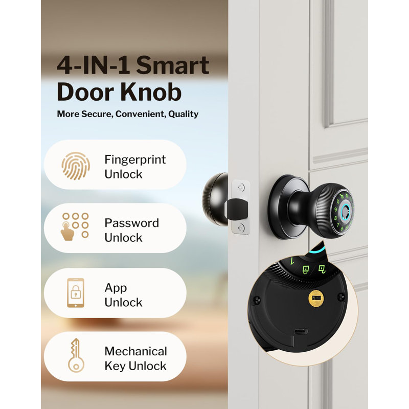 Black Aluminum Smart Fingerprint Door Knob with Keypad