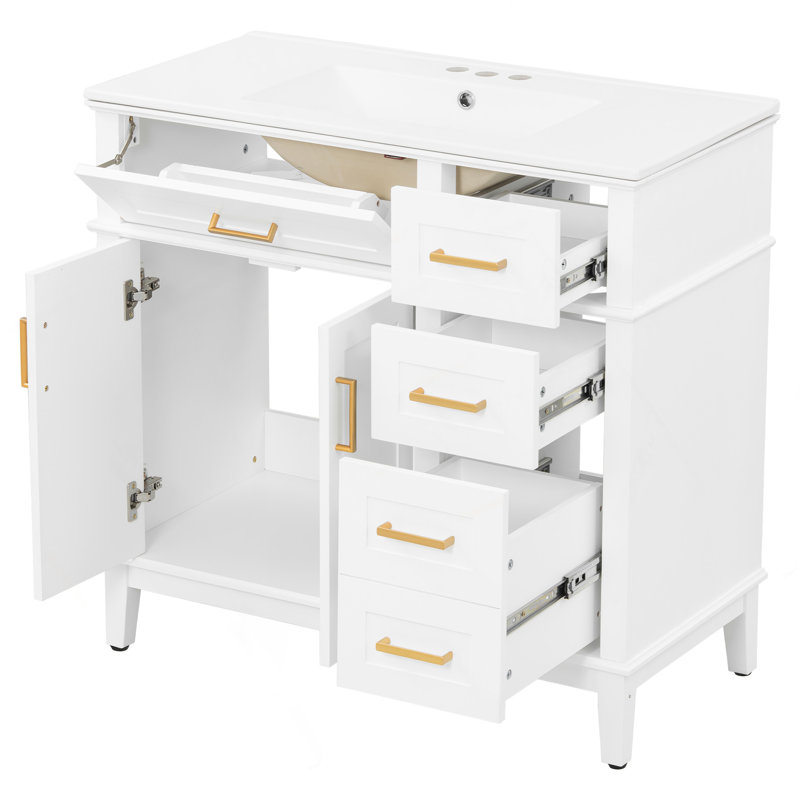 36" White Modern Bathroom Vanity With Ceramic Sink,,Soft-Close Door,And 4 Storage Drawers, Offering A Refined Look With Practical Everyday Functionality.