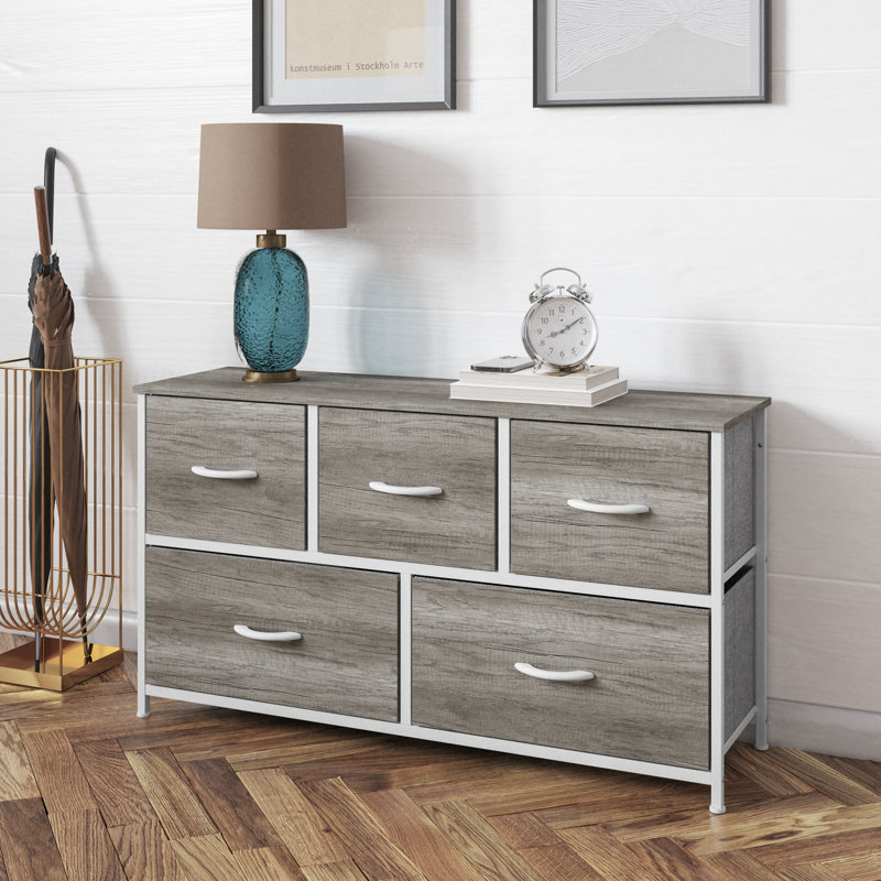 Draven 5 Drawer Storage Dresser with Cast Iron Frame, Wood Top and Drawers, Tan