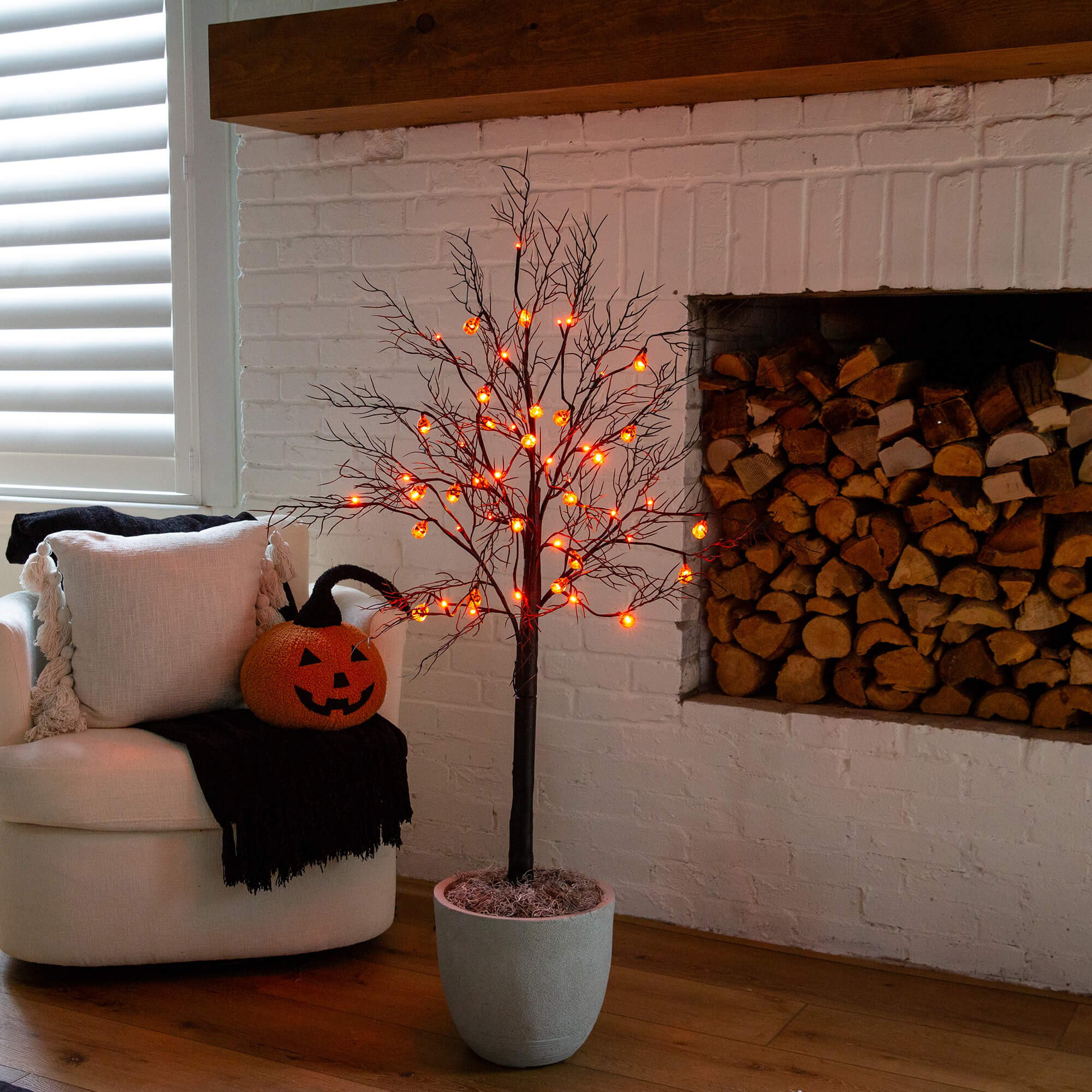 Pre-Lit Artificial Halloween Black Twig Tree With 18 Orange LED Pumpkin Shaped Lights, 48" H x 20" W x 20" D