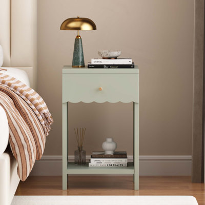 Table de chevet moderne avec tiroir et tablette ouverte, table de chevet à bord festonné pour chambre à coucher