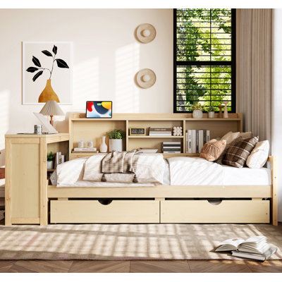 Twin Size Corner Daybed With Storage Drawers & Desk & Charging Port & Bookcase Of Natural Color