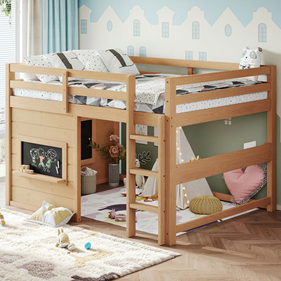 Lit mezzanine en bois pour enfants avec tableau noir, zone de rangement pour maison de jeu et barrières de sécurité