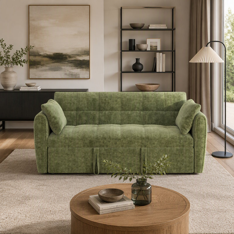 Canapé-lit pliable 3 en 1 de 65 pouces avec dossier réglable, sac de rangement et oreillers inclus, Green Chenille