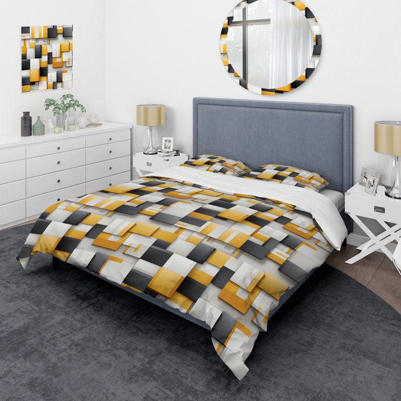 Ensemble de housse de couette en microfibre jaune / gris Harmony II, Housse de couette pour grand lit et 2 taies décor