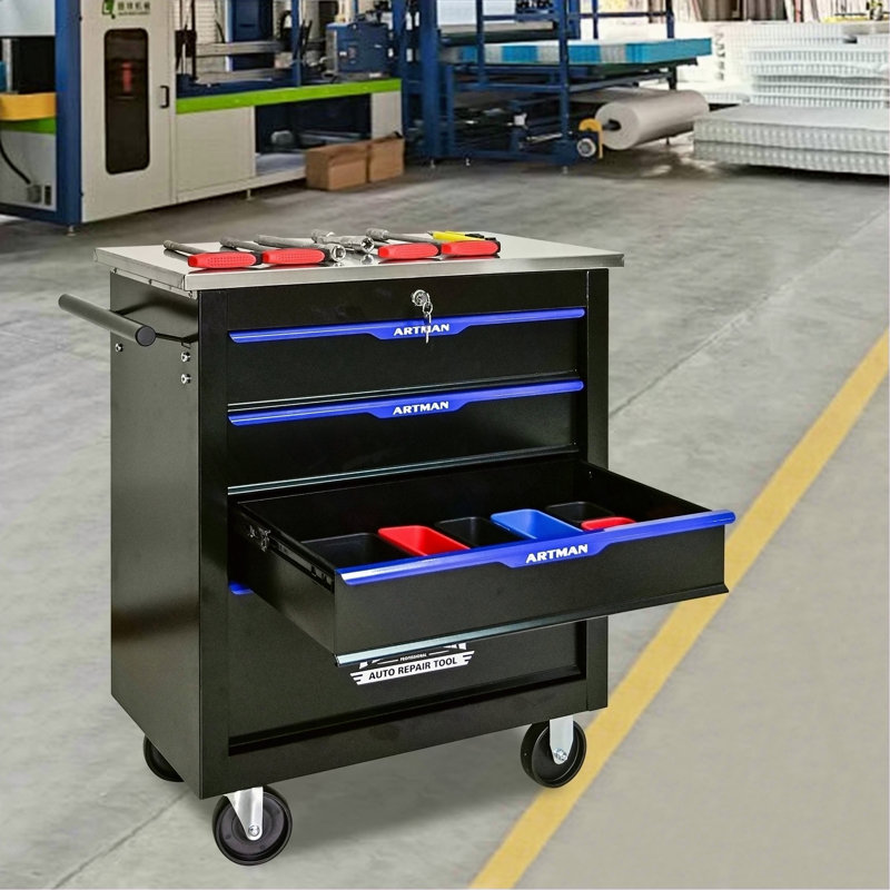 4 DRAWERS MULTIFUNCTIONAL TOOL CART WITH WHEELS-BLACK&BLUE