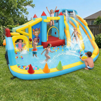 Jeu gonflable de 15,7 pi avec toboggan gonflable avec souffleur de 680 W, glissade double, pataugeoire et centre de jeu 10 en 1 pour enfants de 3 à 12 ans