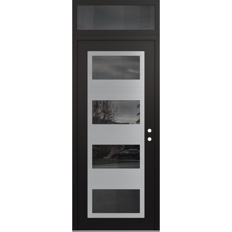 Porte d'entrée avant pré-suspendue avec panneau arrière en acier argenté noir et noir, Gauche, Miroitant