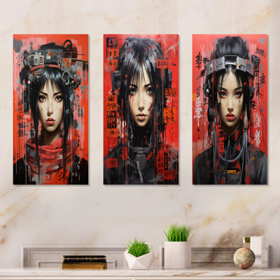 Neon Graffiti Japan Geisha Woman I - Woman Asian Metal Wall Art Set Of 3