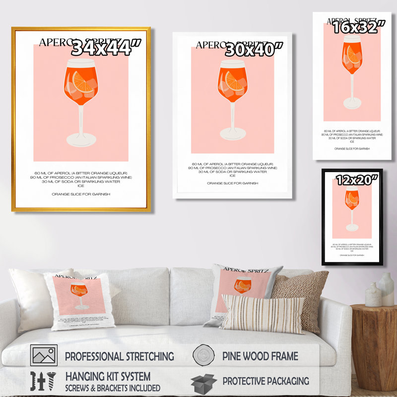Décoration murale orange Aperol Spirz orange - cocktails, Cadre flottant brun, H 20 po x l 12 po