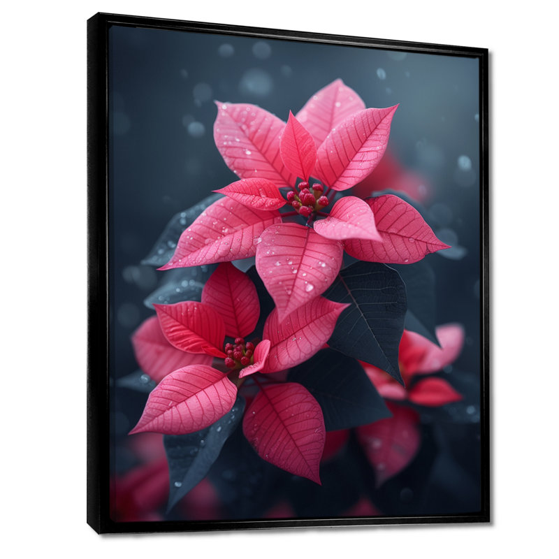 Poinsettias d'hiver monochromes roses et gris - Décoration murale poinsettias, Toile avec cadre flottant noir