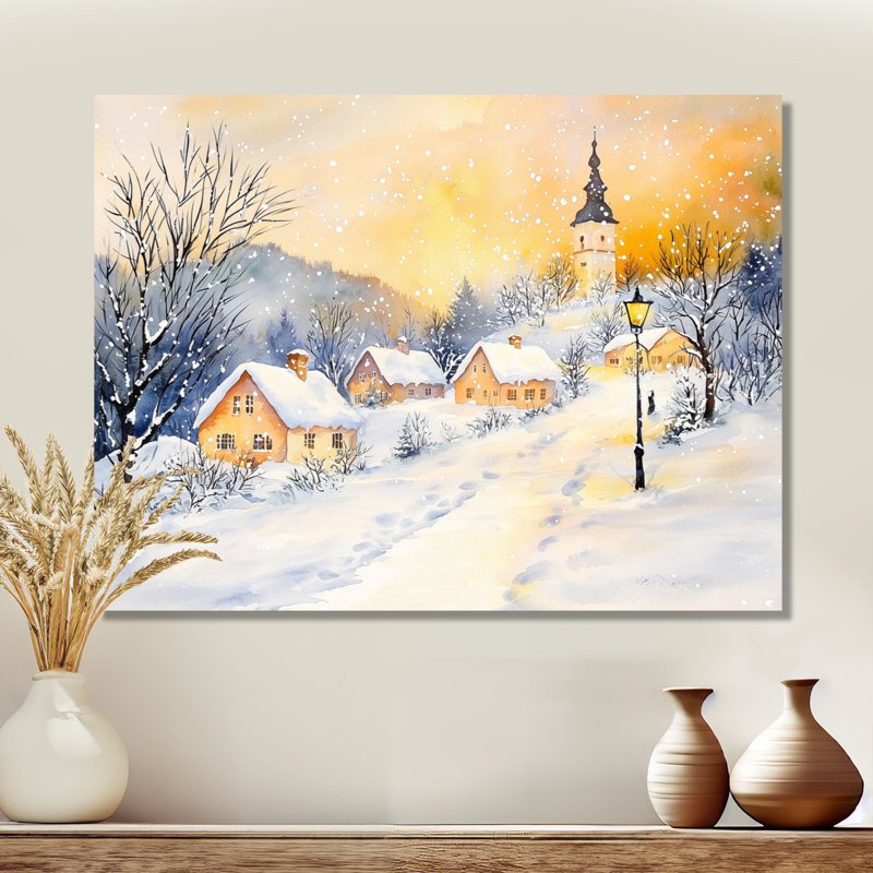 «Snowy Village At Night I - Winter Landscape», impression murale en métal, H 12 po x l 20 po