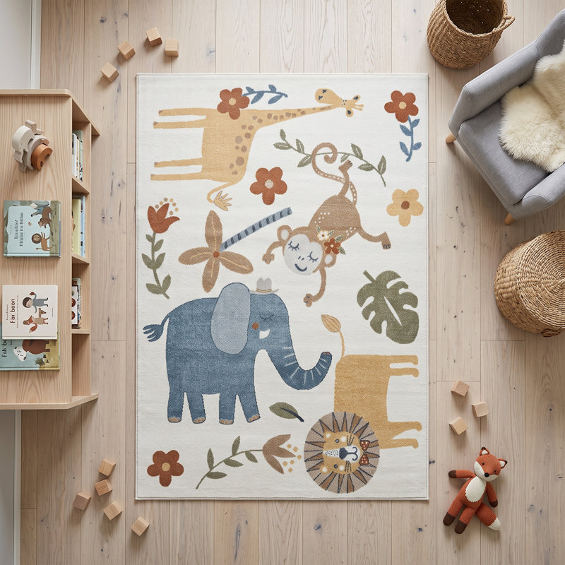 Tapis d'intérieur multicolore aux tons naturels, motif animaux de la jungle, pour enfants et chambres de bébé (100 x 200 cm)