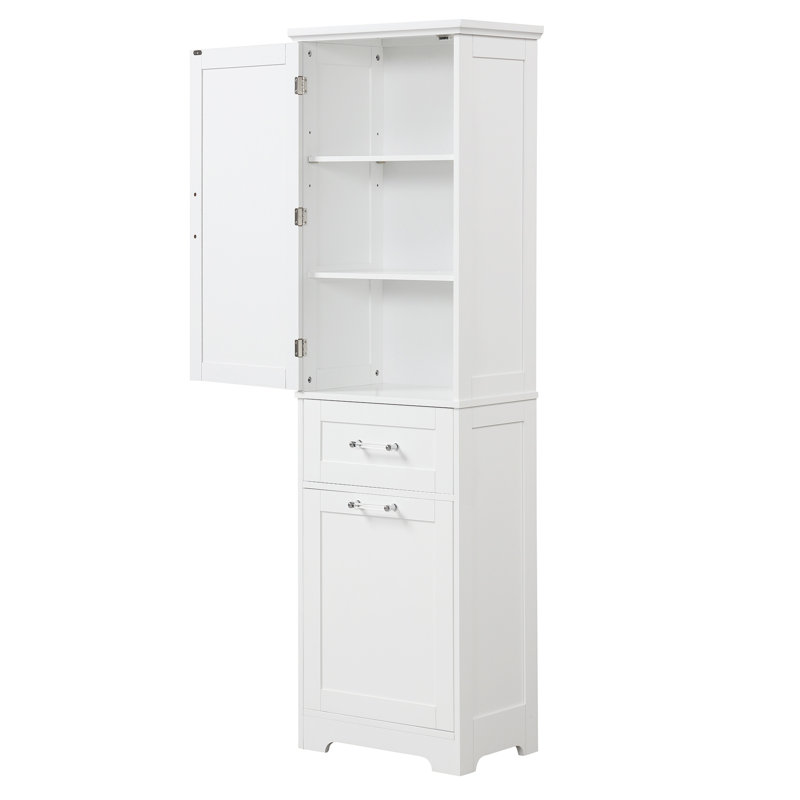White Tall Freestanding Storage Cabinet With 2 Different Size Drawers & Adjustable Shelf, White